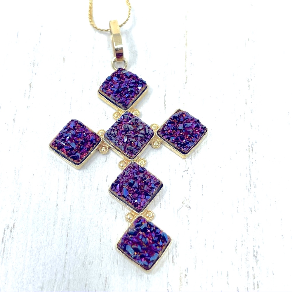 14k Purple Druzy Cross Pendant, Nwot